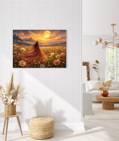 Framed Canvas- Abstract Portrait Beautiful Bride Wildflowers Field Whimsical Full Moon Fantasy Painting Art Print