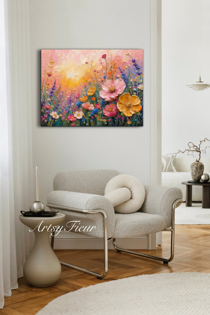 Framed Canvas Print- Vibrant Wildflowers Oil Painting Textured Wall Art , Beautiful Original Artwork Ready to Hang Living Room, Floral