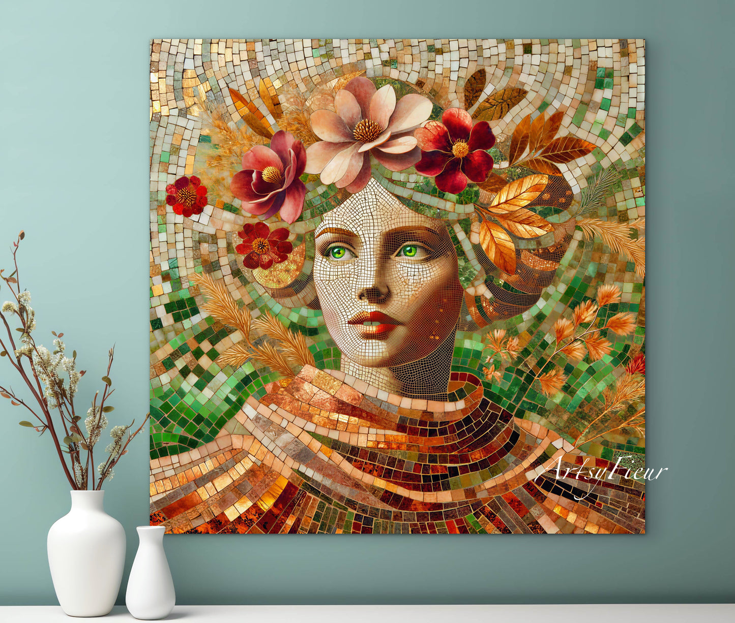Framed canvas- Original Artwork Vibrant Magnolia Flowers Mosaic Portrait Beautiful Brunette Woman Wall Art Print
