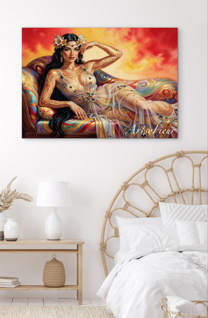 Framed canvas Beautiful Brunette on colourful sofa vibrant wall art abstract portrait, vibrant colours fantasy watercolour painting Ready to Hang Living Room Wall Art Print
