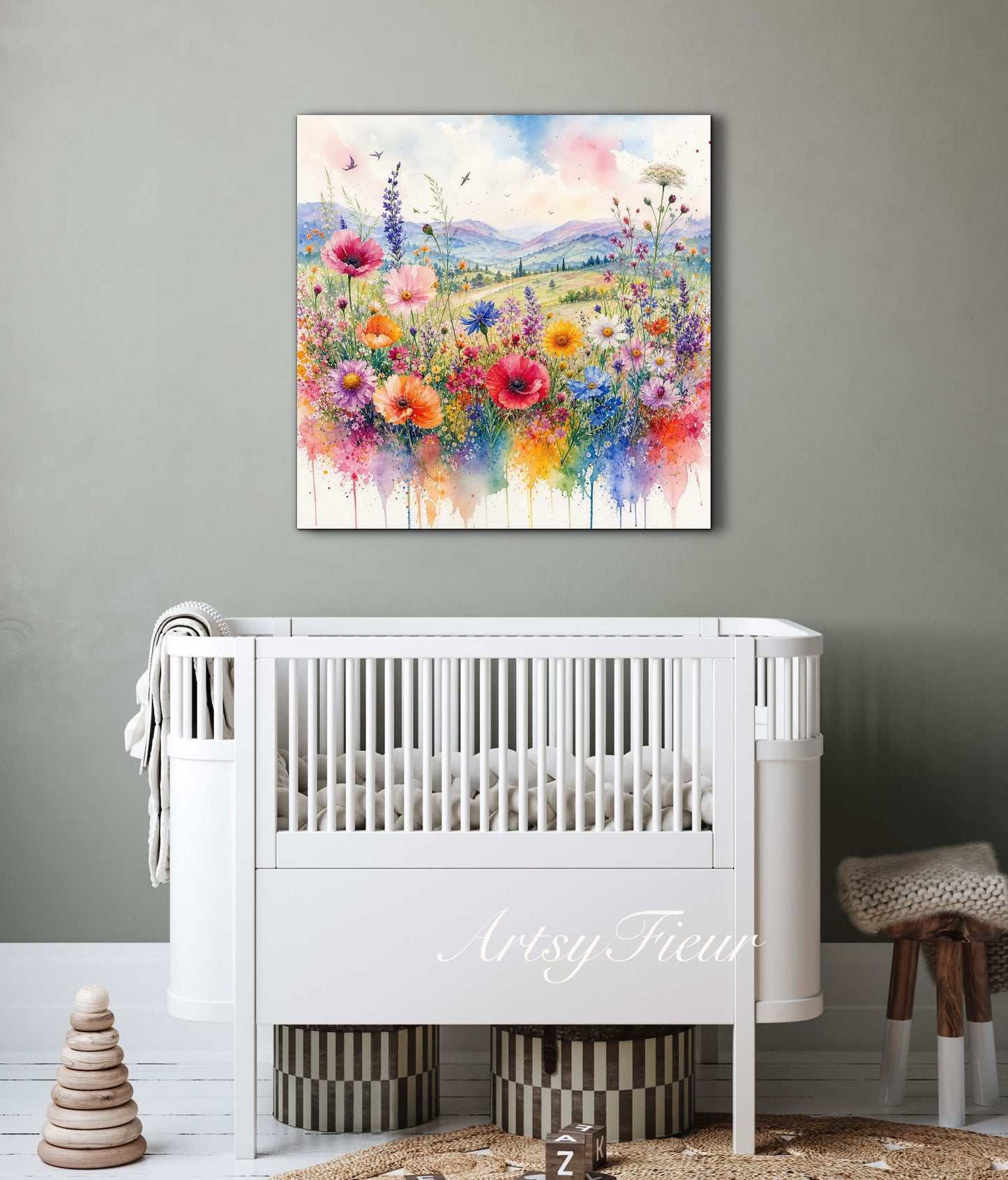 Framed Canvas- Original Artwork Vibrant Colours Wildflowers Watercolour Painting Abstract Colourful Landscape Living Room Wall Art Print