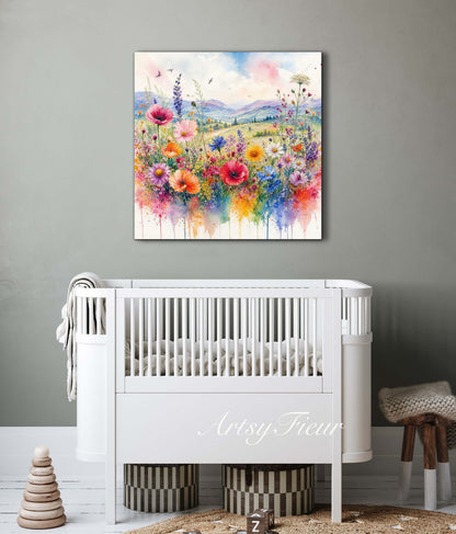 Framed Canvas- Original Artwork Vibrant Colours Wildflowers Watercolour Painting Abstract Colourful Landscape Living Room Wall Art Print