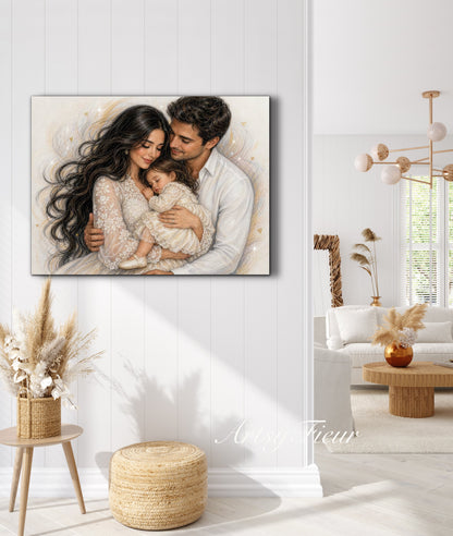 Framed Canvas- Vibrant Mother and Daughter Dad Family Portrait Fantasy Drawing Wall Art Print