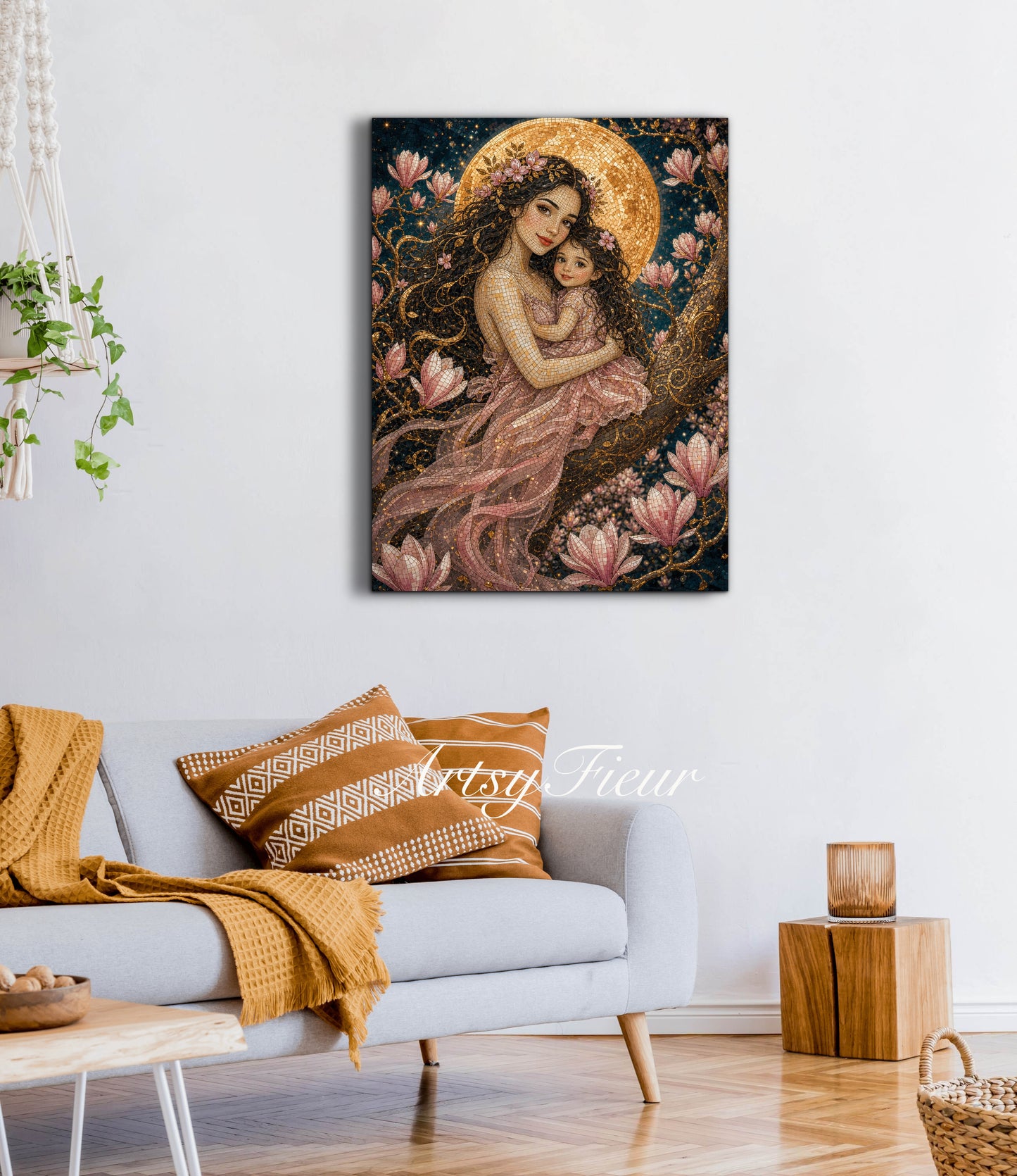 Framed canvas- Abstract Portrait Mosaic Fairy Beautiful Brunette Mother and Daughter Vibrant Magnolia Flowers Fantasy Wall Art Print