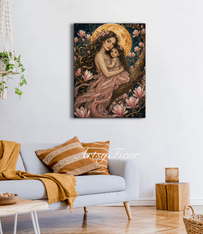 Framed canvas- Abstract Portrait Mosaic Fairy Beautiful Brunette Mother and Daughter Vibrant Magnolia Flowers Fantasy Wall Art Print