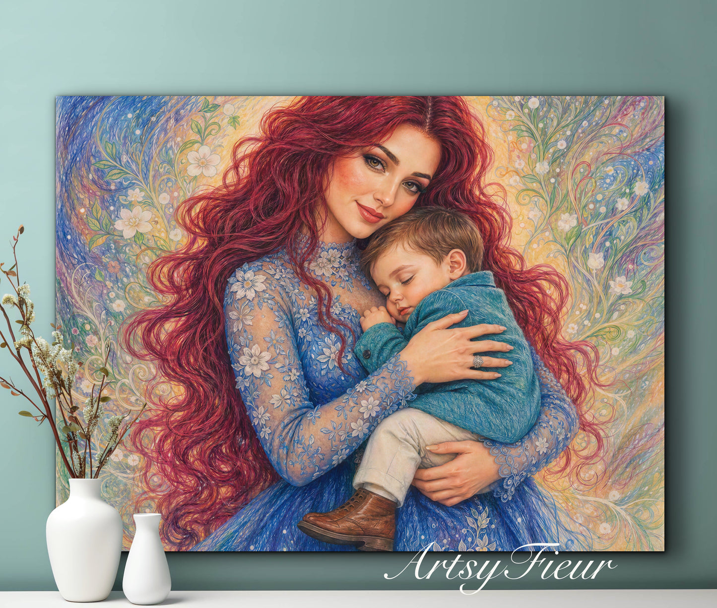 Framed canvas- ready to hang wall art print, vibrant colours crayon drawing abstract portrait mother and son, mother and baby boy, dark hair beautiful red hair woman , mothers day gilt, unique original artwork