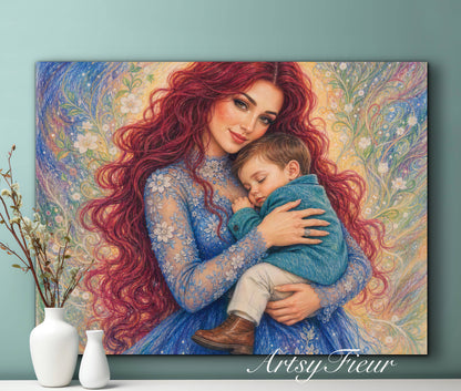 Framed canvas- ready to hang wall art print, vibrant colours crayon drawing abstract portrait mother and son, mother and baby boy, dark hair beautiful red hair woman , mothers day gilt, unique original artwork