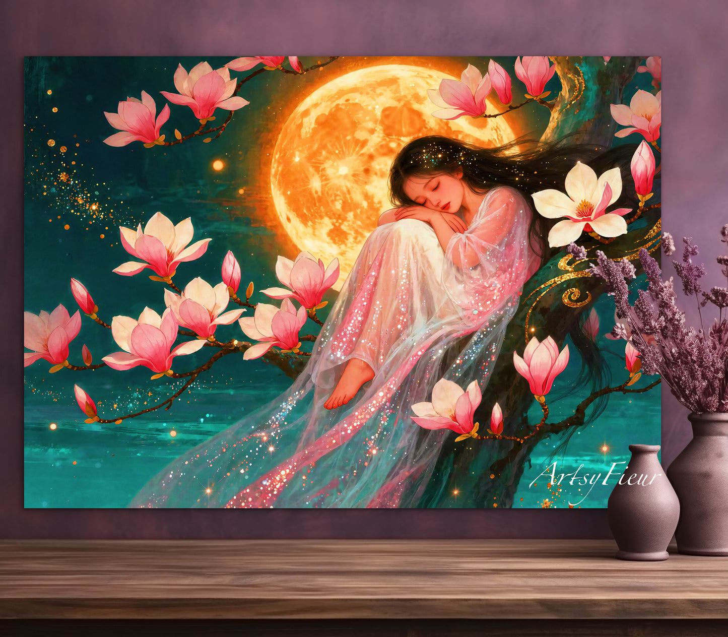 Framed Canvas- Vibrant Magnolia Flowers Beautiful Brunette Asian Woman’s Abstract Portrait Original Artwork Fantasy Wall Art Print