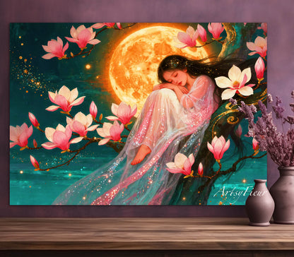 Framed Canvas- Vibrant Magnolia Flowers Beautiful Brunette Asian Woman’s Abstract Portrait Original Artwork Fantasy Wall Art Print
