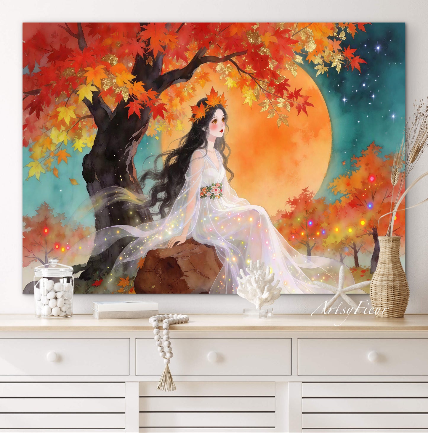 Framed Canvas- Vibrant Colours Beautiful Brunette Asian Woman Under the Maple Tree Abstract Portrait Original Artwork Fantasy Autumn Wall Art Print