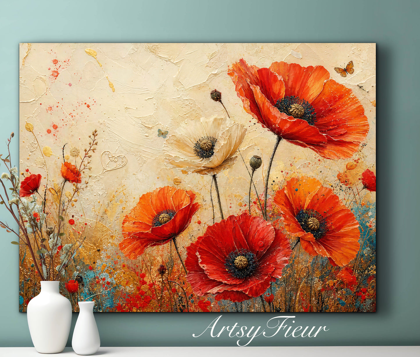Framed Canvas- Beautiful Vibrant Poppies Abstract Oil Painting Floral Canvas Print Colourful Living Room Wall Art