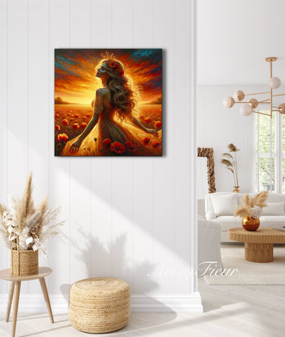 Framed canvas- Original Artwork Vibrant Poppies watercolour floral painting beautiful blondewoman ready to hang wall art print, abstract portrait colourful painting for living room