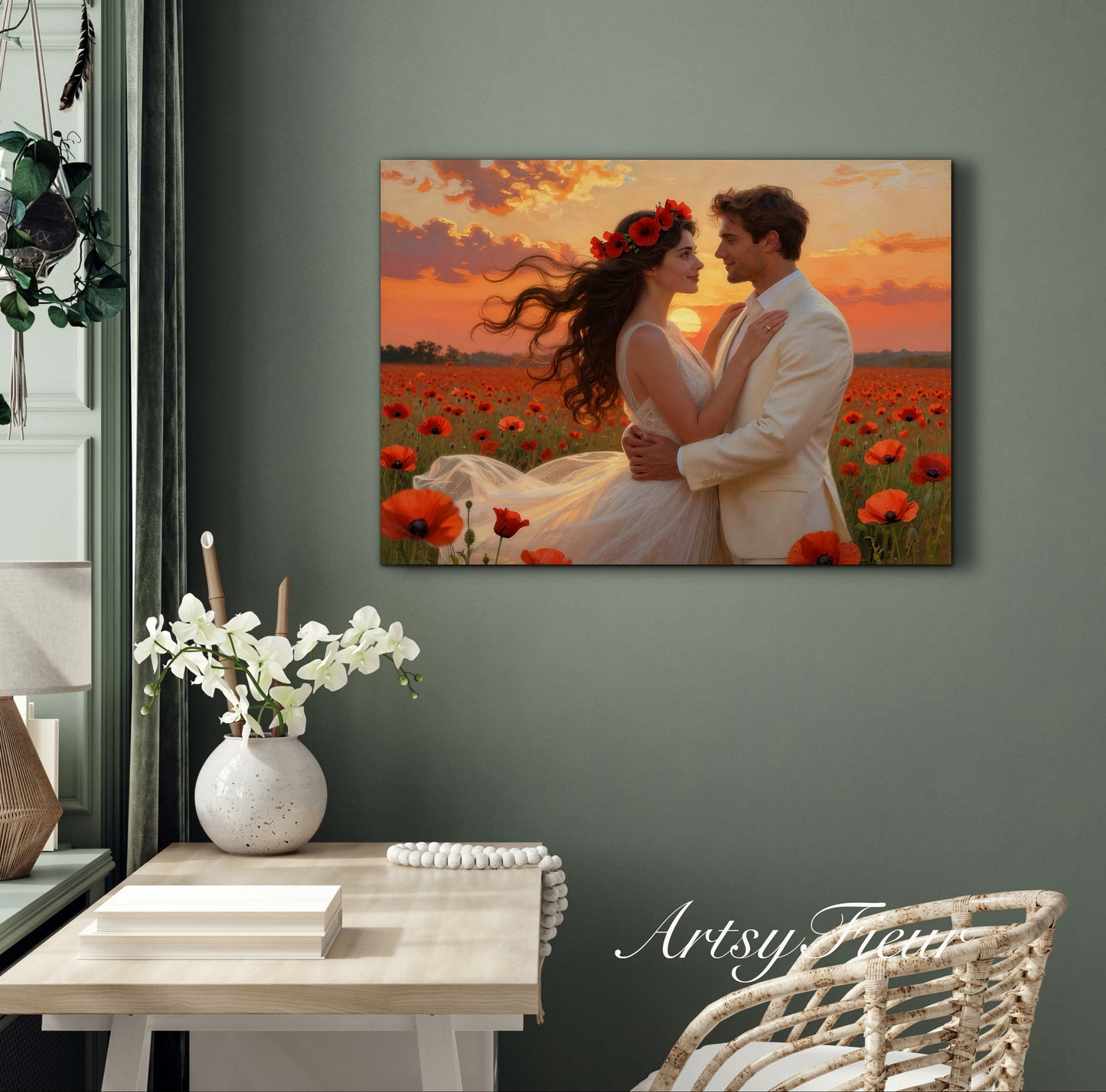 Framed canvas- whimsical full moon sunset bride and groom, wedding, poppy field, vibrant colours living room original artwork, fantasy oil painting wall art print