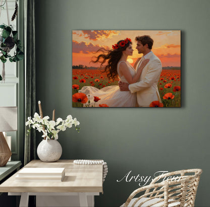 Framed canvas- whimsical full moon sunset bride and groom, wedding, poppy field, vibrant colours living room original artwork, fantasy oil painting wall art print