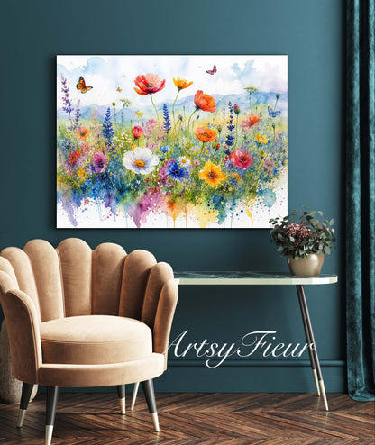 Framed canvas- ready to hang wall art print, beautiful vibrant colours watercolour fantasy painting wildflowers ,floral landscape, unique gift, one of a kind original artwork