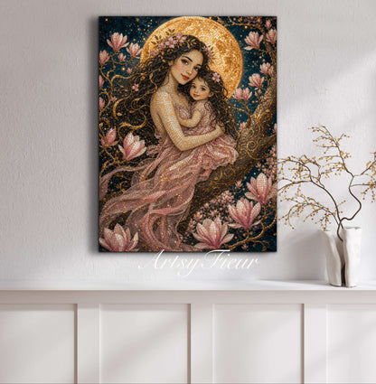 Framed canvas- Abstract Portrait Mosaic Fairy Beautiful Brunette Mother and Daughter Vibrant Magnolia Flowers Fantasy Wall Art Print