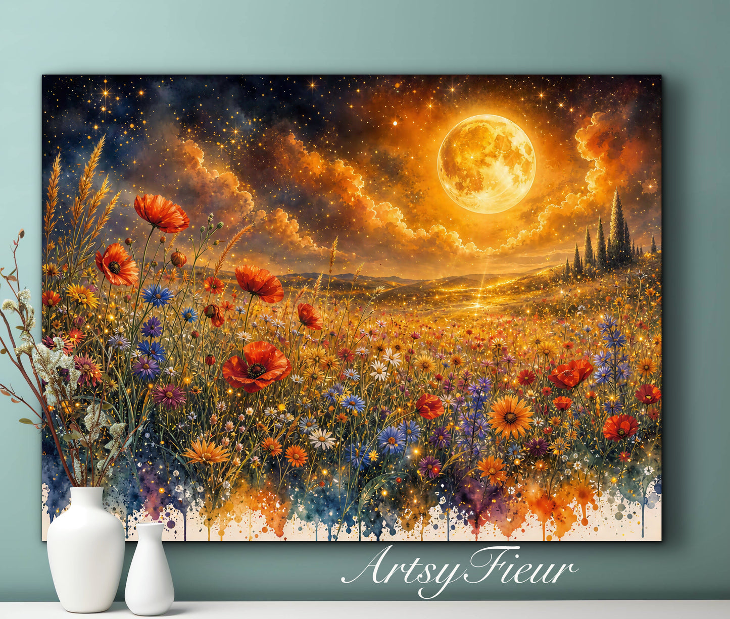 Framed Canvas Print- Vibrant Wildflowers and Poppies Oil Painting Textured Wall Art , Beautiful Original Artwork Ready to Hang Living Room, Floral