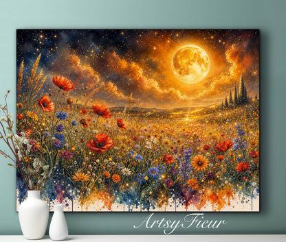 Framed Canvas Print- Vibrant Wildflowers and Poppies Oil Painting Textured Wall Art , Beautiful Original Artwork Ready to Hang Living Room, Floral