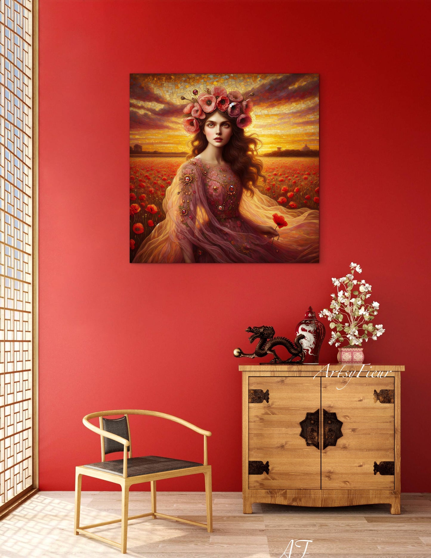 Framed canvas- Original Artwork Vibrant Poppies watercolour floral painting beautiful brunette woman ready to hang wall art print, abstract portrait