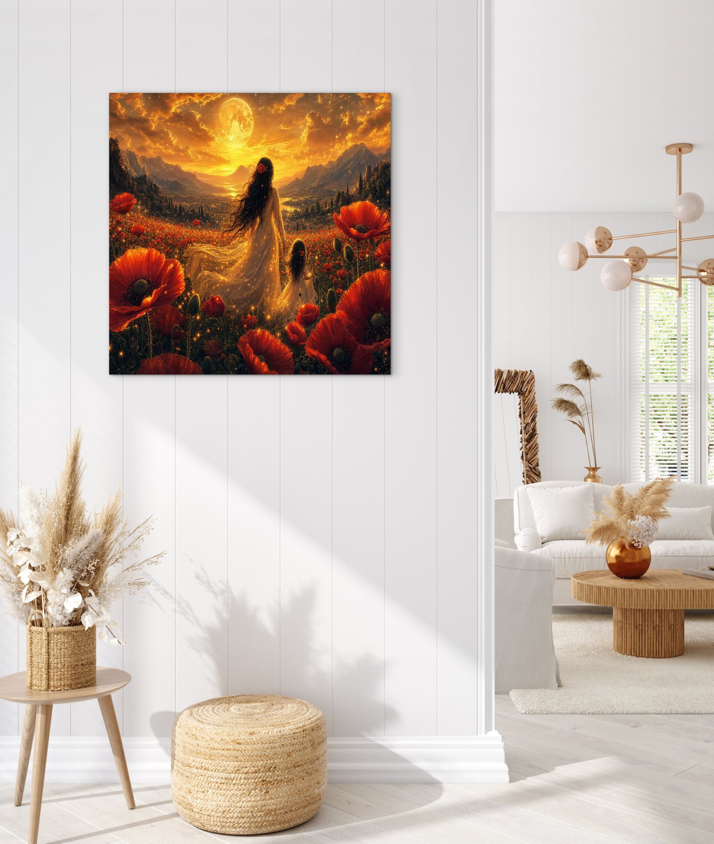 Framed Canvas- Vibrant Poppies Field Bride Mother and Daughter Portrait Whimsical Full Moon Sunset Fantasy Oil Painting Wall Art Print