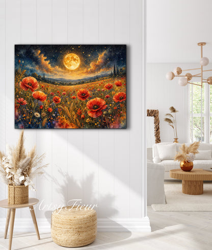 Framed Canvas Print- Vibrant Wildflowers and Poppies Oil Painting Textured Wall Art , Beautiful Original Artwork Ready to Hang Living Room, Floral