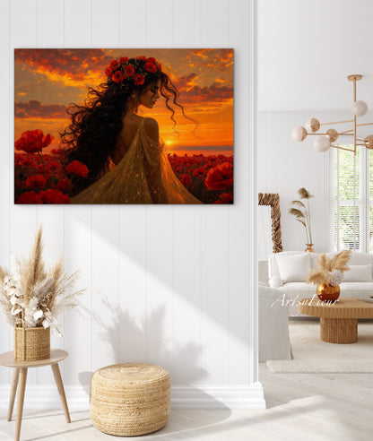 Framed Canvas - Vibrant Poppies Whimsical Full Moon Bride in Poppy Field, Wall Art Ready to hang Oil Painting Original Artwork Print