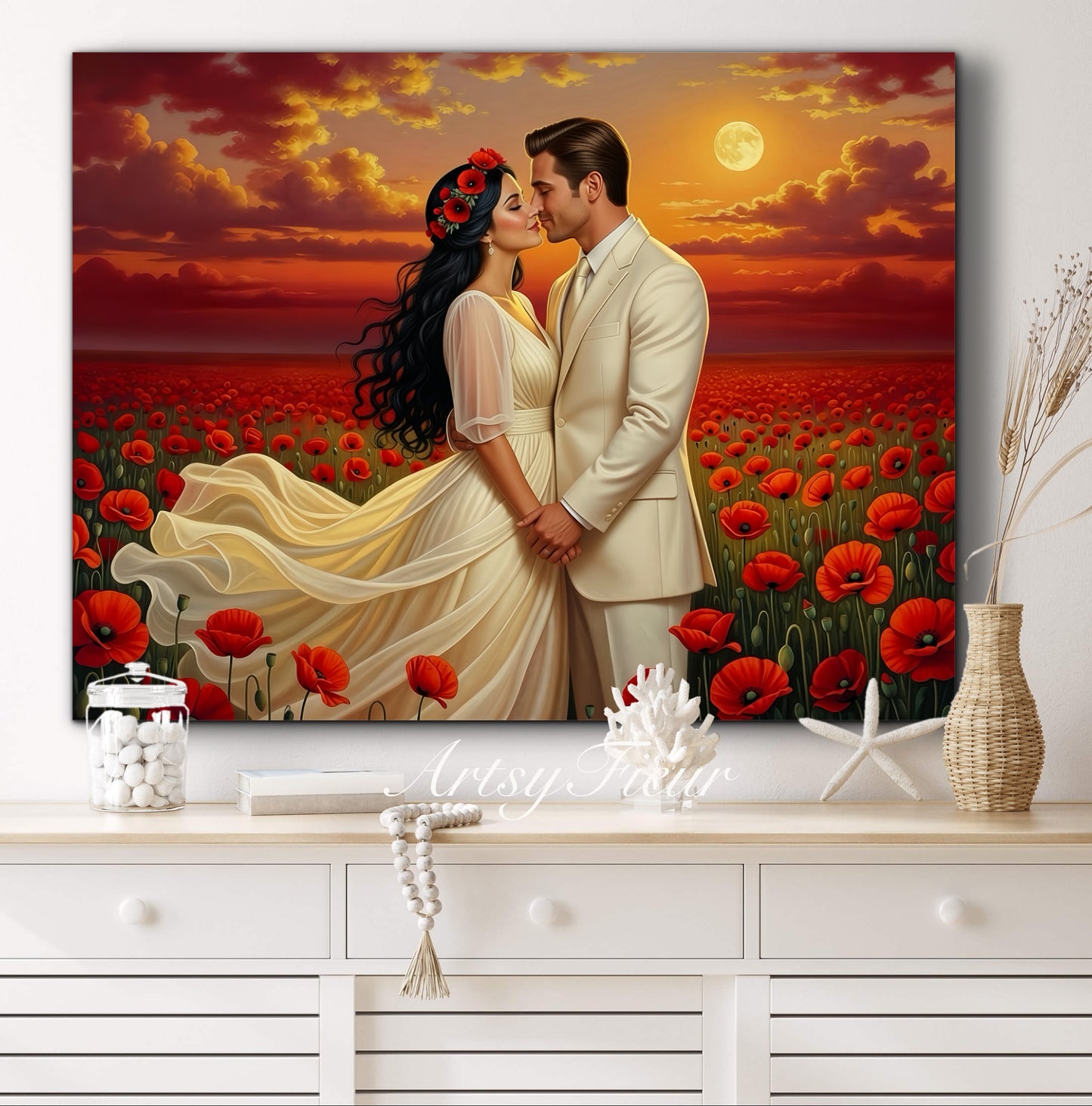 Framed canvas- whimsical full moon sunset bride and groom, wedding, poppy field, vibrant colours living room original artwork, fantasy oil painting wall art print