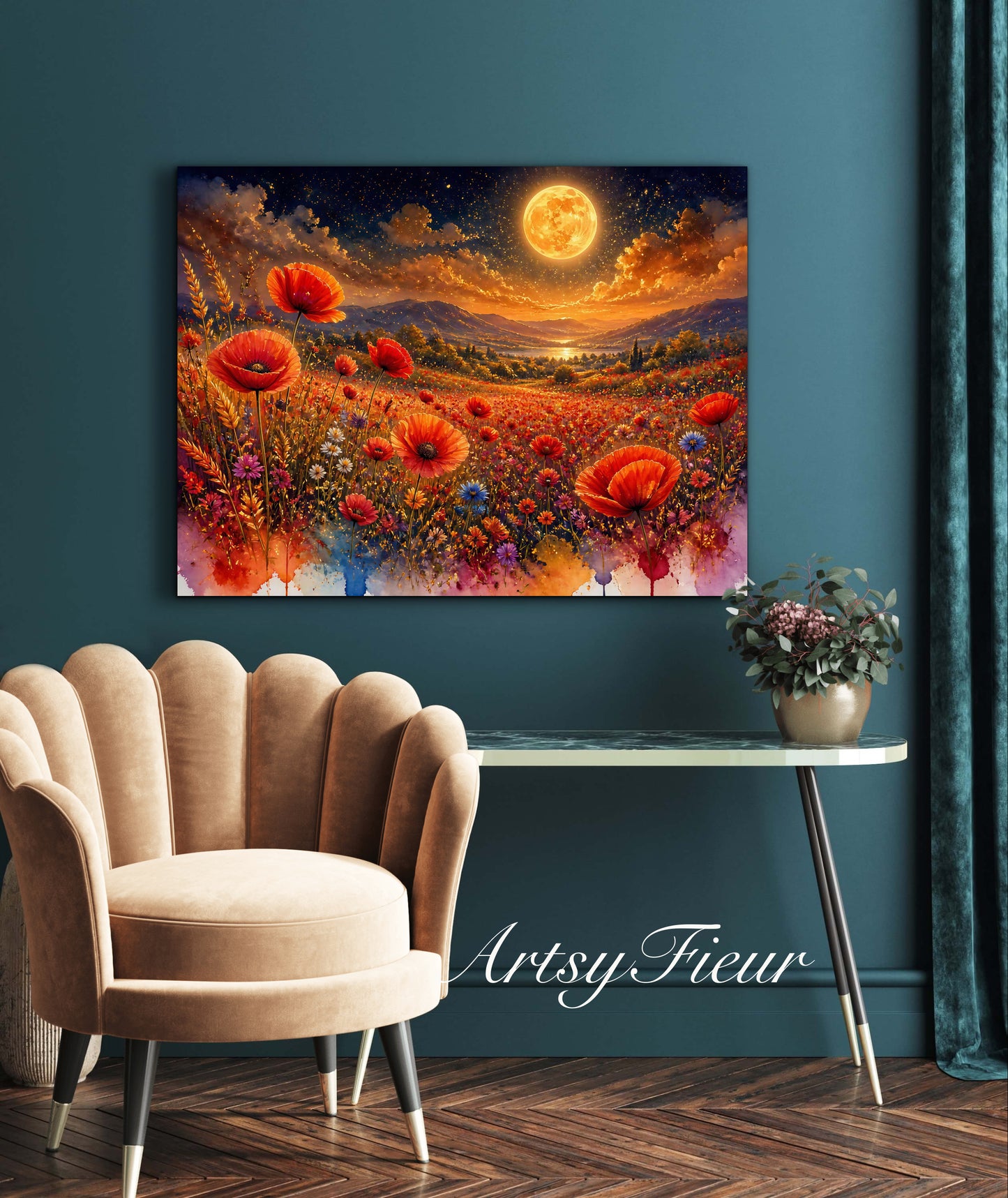 Framed Canvas Print- Vibrant Wildflowers and Poppies Oil Painting Textured Wall Art , Beautiful Original Artwork Ready to Hang Living Room, Floral