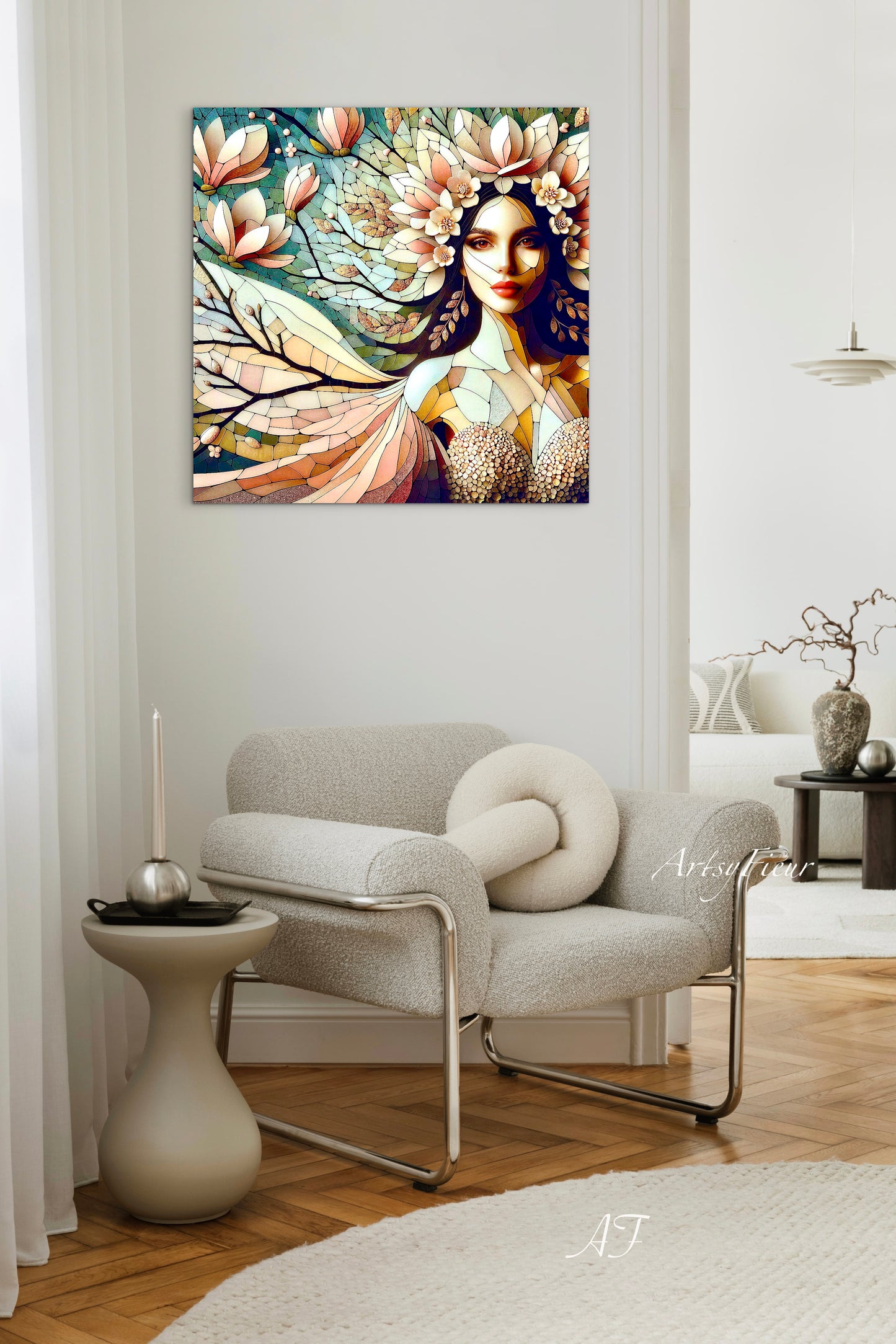 Framed canvas- Original Artwork Vibrant Magnolia Flowers Mosaic Portrait Beautiful Brunette Woman Wall Art Print