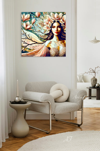 Framed canvas- Original Artwork Vibrant Magnolia Flowers Mosaic Portrait Beautiful Brunette Woman Wall Art Print
