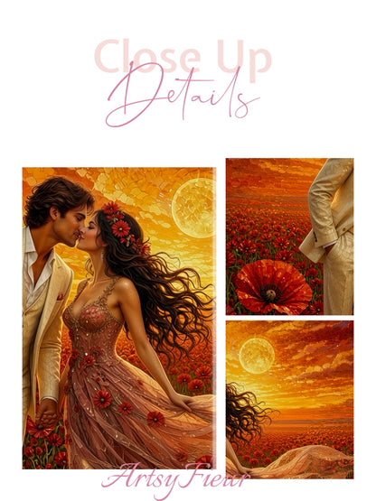Framed canvas- whimsical full moon sunset bride and groom, wedding, poppy field, vibrant colours living room original artwork, fantasy oil painting wall art print