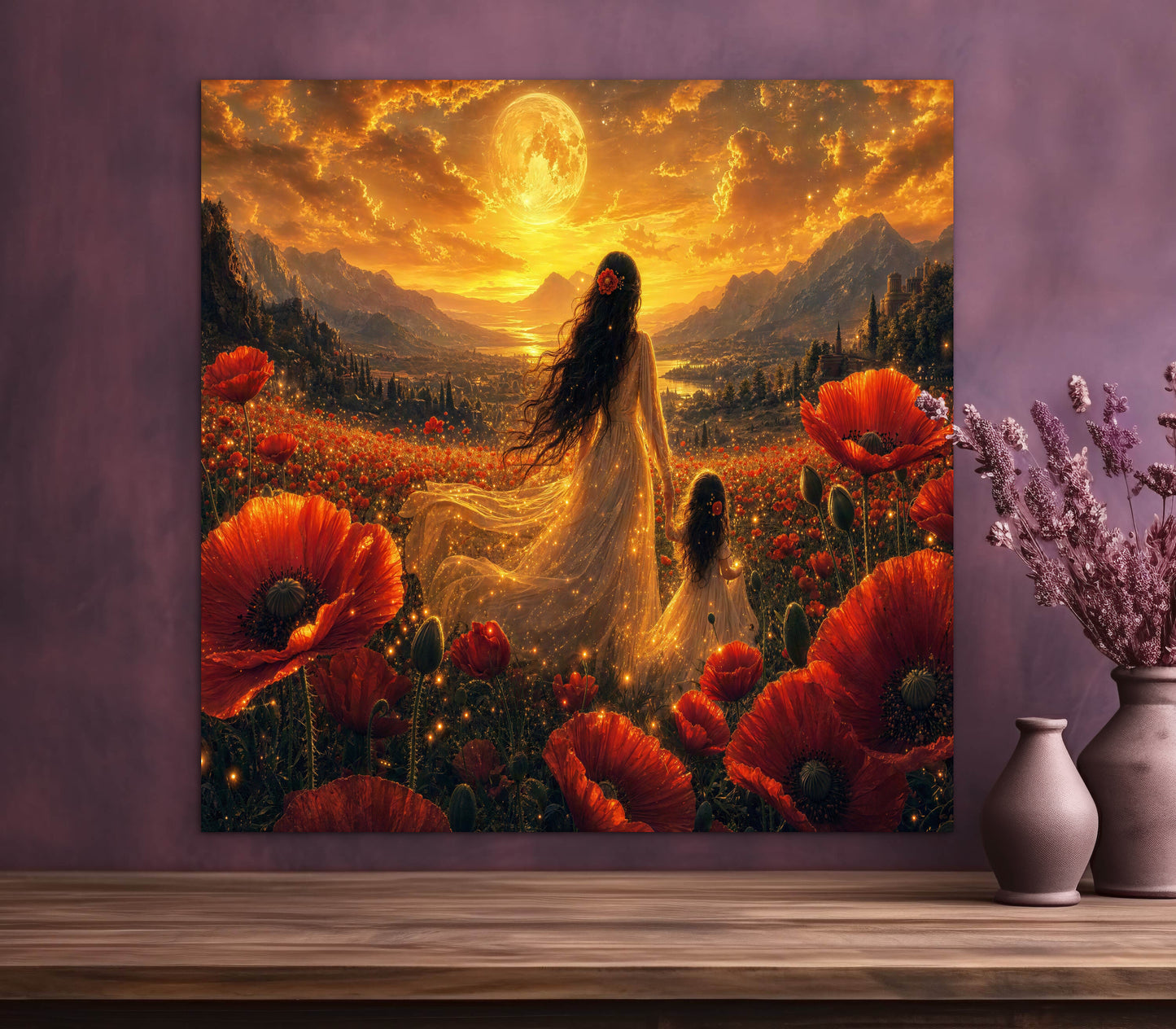 Framed Canvas- Vibrant Poppies Field Bride Mother and Daughter Portrait Whimsical Full Moon Sunset Fantasy Oil Painting Wall Art Print