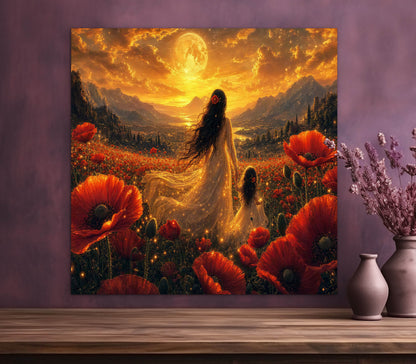 Framed Canvas- Vibrant Poppies Field Bride Mother and Daughter Portrait Whimsical Full Moon Sunset Fantasy Oil Painting Wall Art Print