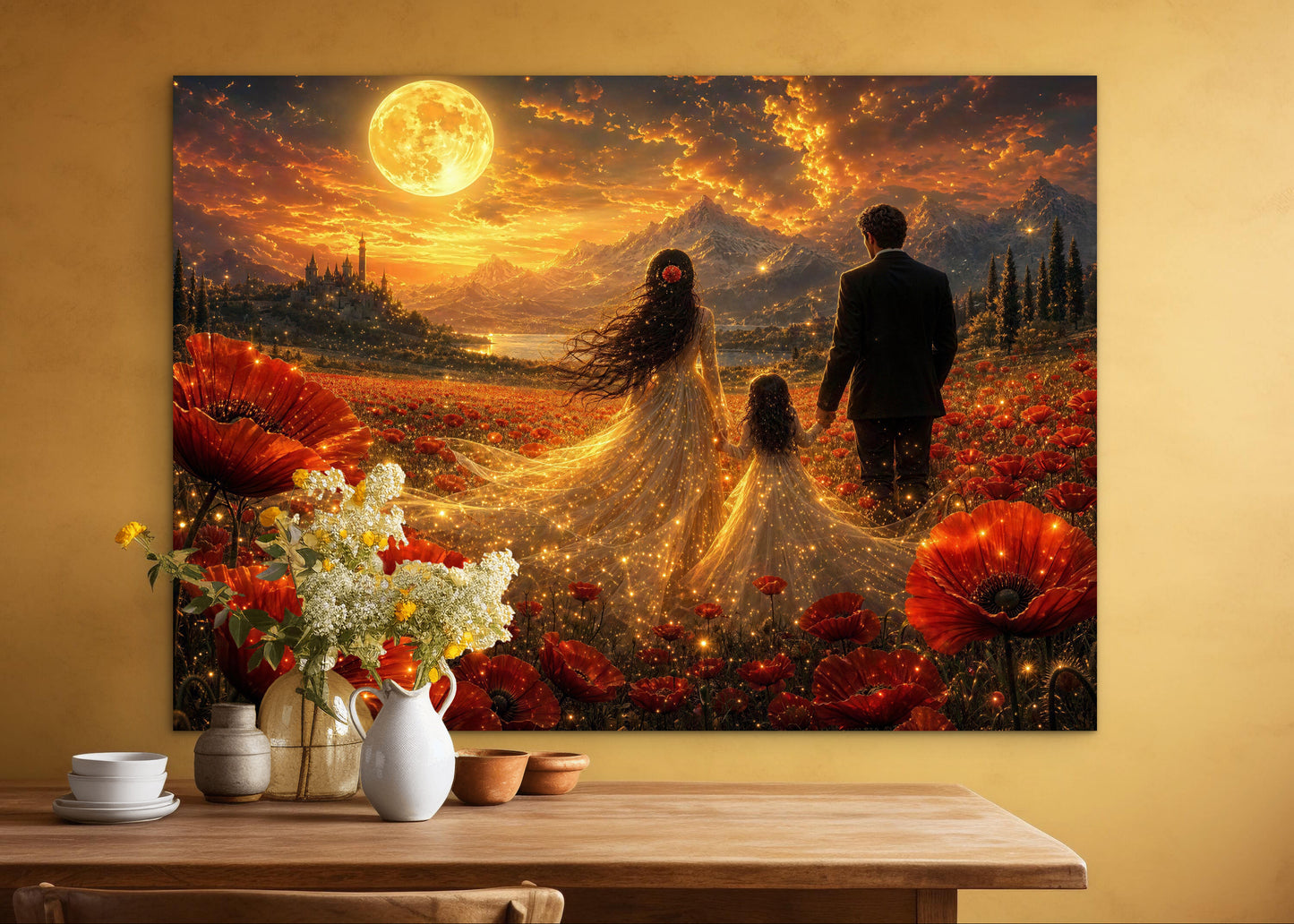 Framed Canvas Vibrant Poppies- Whimsical full moon fantasy oil painting Wedding celebration mother and daughter beautiful family portrait Original wall art print