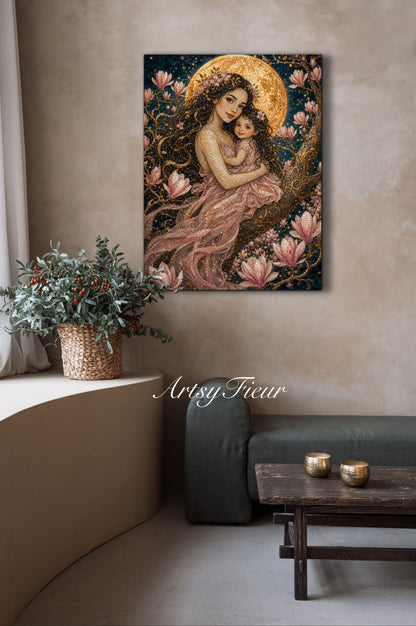 Framed canvas- Abstract Portrait Mosaic Fairy Beautiful Brunette Mother and Daughter Vibrant Magnolia Flowers Fantasy Wall Art Print