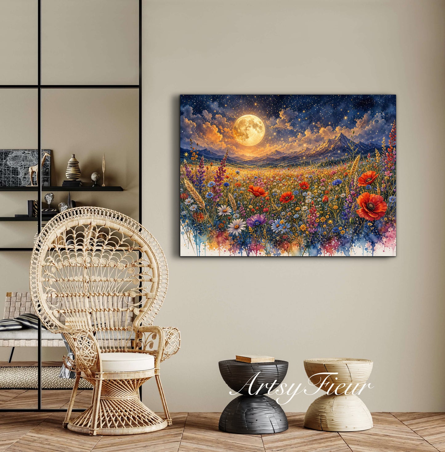 Framed Canvas Print- Vibrant Wildflowers and Poppies Oil Painting Textured Wall Art , Beautiful Original Artwork Ready to Hang Living Room, Floral