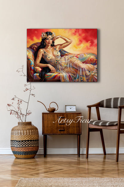 Framed canvas Beautiful Brunette on colourful sofa vibrant wall art abstract portrait, vibrant colours fantasy watercolour painting Ready to Hang Living Room Wall Art Print