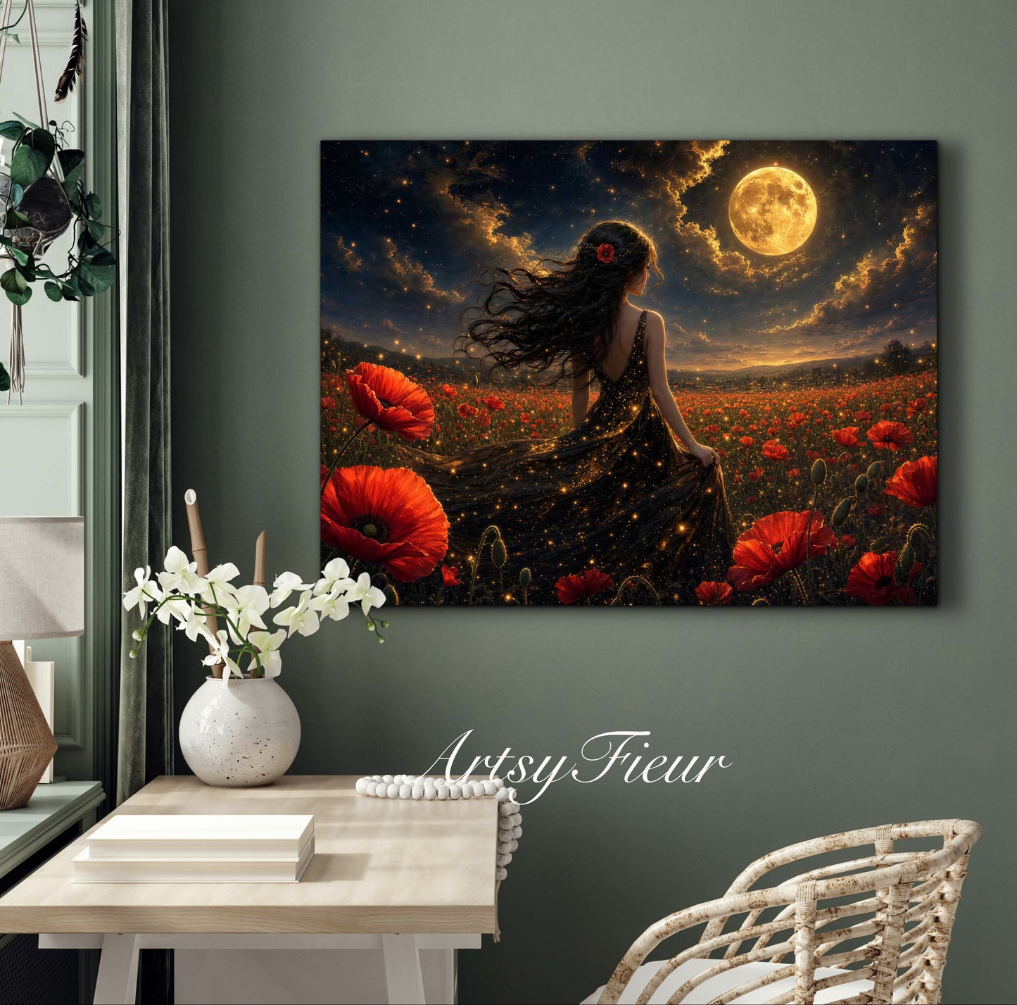 Framed Canvas - Vibrant Poppies Whimsical Full Moon Bride in Poppy Field, Wall Art Ready to hang Oil Painting Original Artwork Print Black Wedding Dress