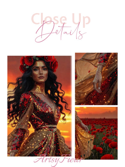 Framed Canvas - Vibrant Poppies Whimsical Sunset Beautiful Brunette in Poppy Field, Wall Art Ready to hang Oil Painting Original Artwork Print