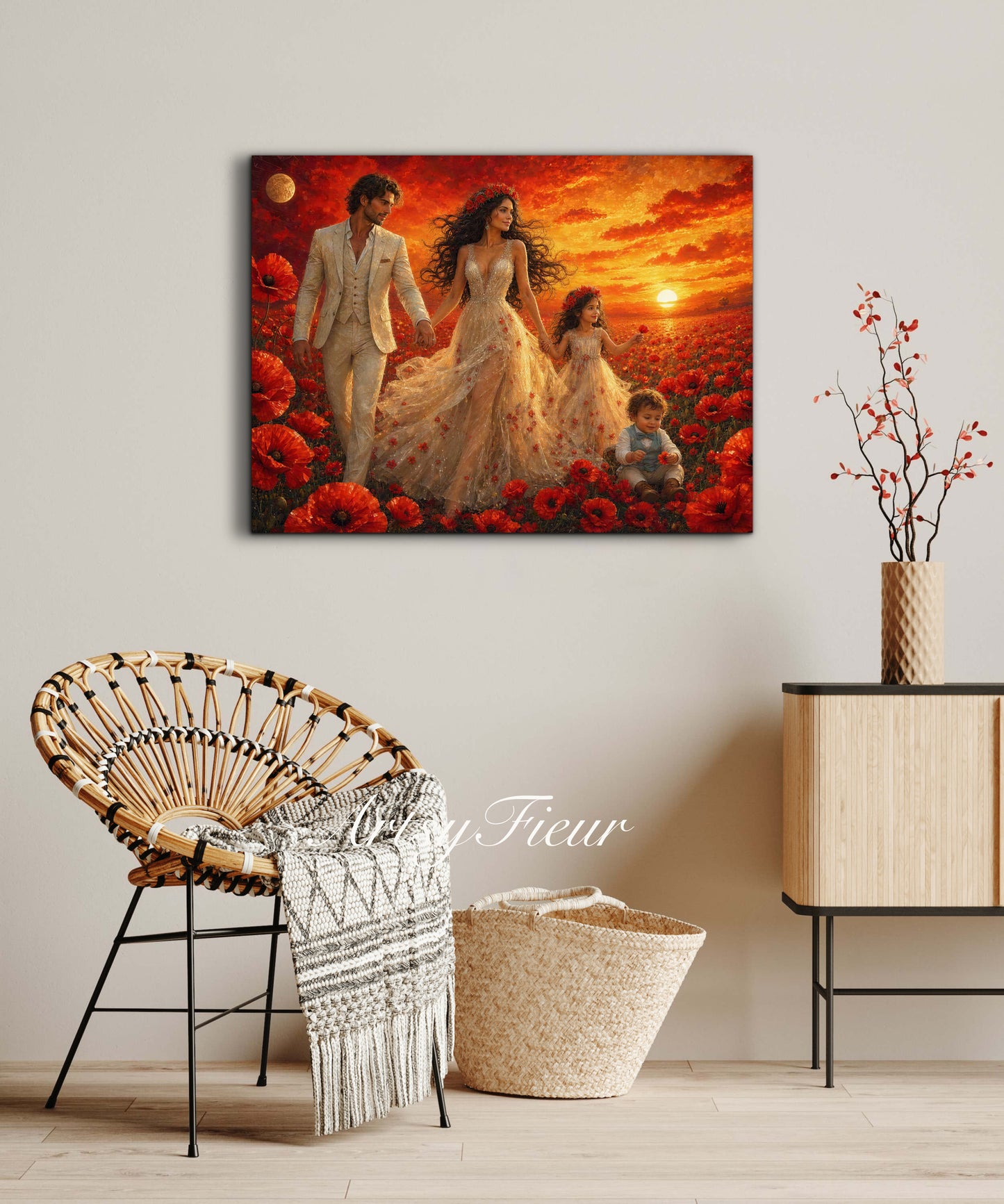 Framed Canvas- Vibrant Poppies Field Bride Groom Mother Daughter and Baby boy Portrait Whimsical Full Moon Sunset Fantasy Oil Painting Wall Art Print