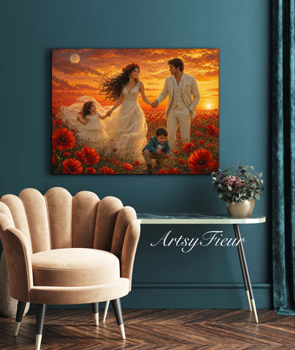 Framed Canvas- Vibrant Poppies Field Bride Groom Mother Daughter and Baby boy Portrait Whimsical Full Moon Sunset Fantasy Oil Painting Wall Art Print
