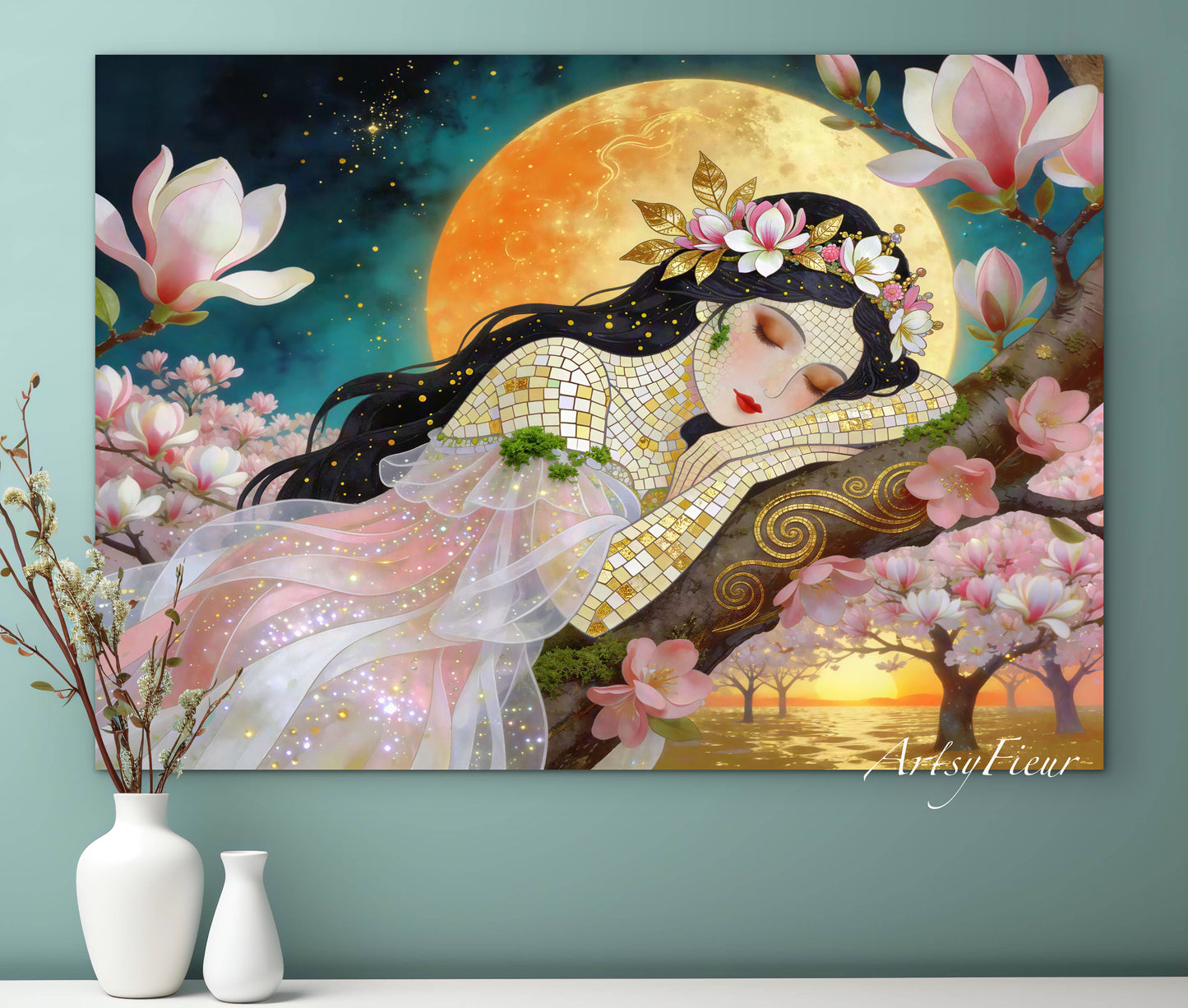 Framed Canvas- Vibrant Magnolia Flowers Beautiful Brunette Woman’s Abstract Portrait Mosaic Original Artwork Fantasy Wall Art Print Mother Nature