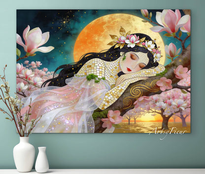 Framed Canvas- Vibrant Magnolia Flowers Beautiful Brunette Woman’s Abstract Portrait Mosaic Original Artwork Fantasy Wall Art Print Mother Nature