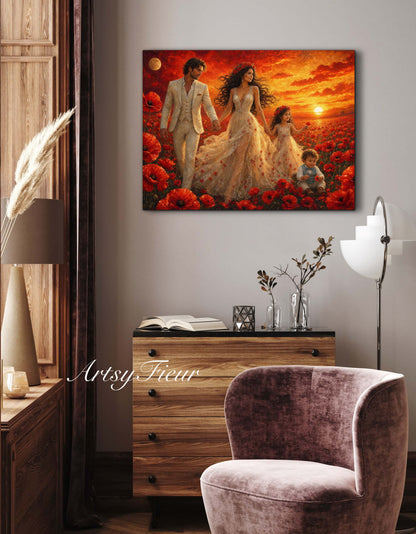Framed Canvas- Vibrant Poppies Field Bride Groom Mother Daughter and Baby boy Portrait Whimsical Full Moon Sunset Fantasy Oil Painting Wall Art Print