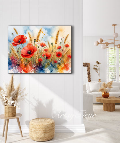 Framed Canvas Print- Vibrant Wildflowers and Poppies Oil Painting Textured Wall Art , Beautiful Original Artwork Ready to Hang Living Room, Floral