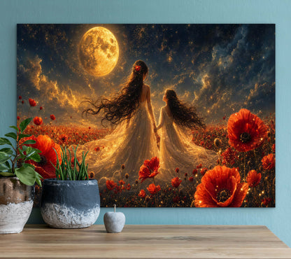 Framed Canvas- Vibrant Poppies Field Bride Mother and Daughter Portrait Whimsical Full Moon Sunset Fantasy Oil Painting Wall Art Print