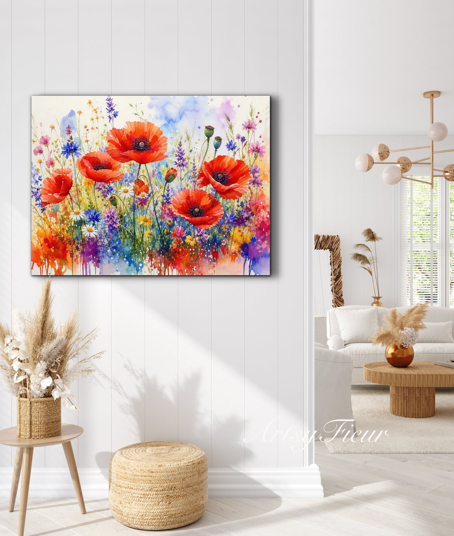 Framed canvas- ready to hand wall art print, beautiful vibrant colours watercolour fantasy painting poppy wildflowers ,floral landscape, unique gift, one of a kind original artwork