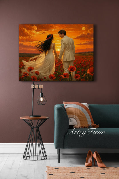 Framed canvas- whimsical full moon sunset bride and groom, wedding, poppy field, vibrant colours living room original artwork, fantasy oil painting wall art print