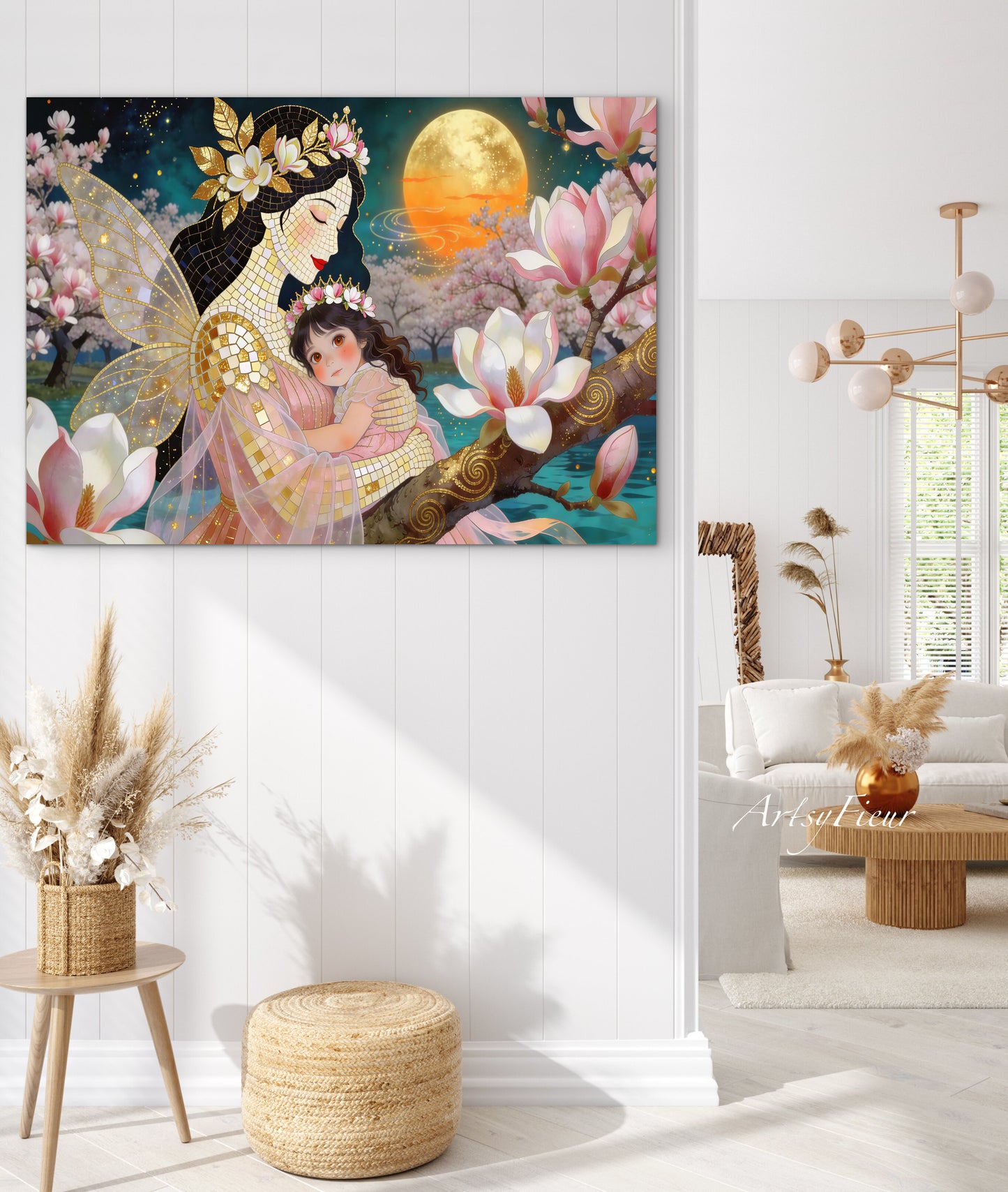 Framed Canvas- Vibrant Magnolia Flowers Mother and Daughter Portrait Original ArtworkFantasy Wall Art