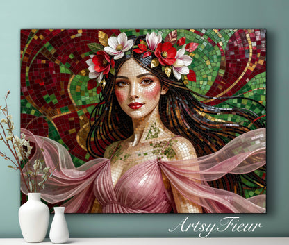 Framed Canvas- Vibrant Magnolia Flowers Beautiful Brunette Woman’s Abstract Portrait Mosaic Original Artwork Fantasy Wall Art Print